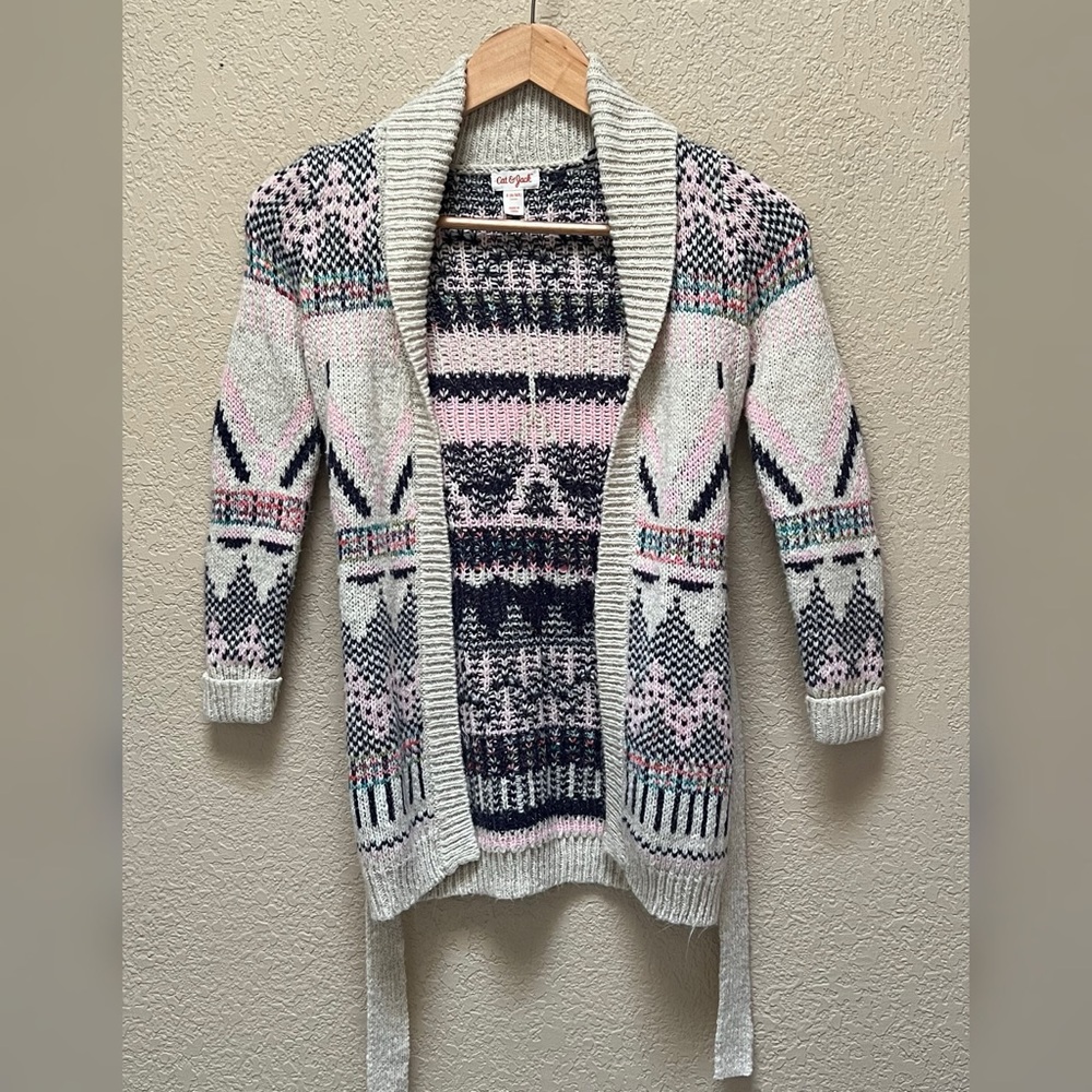 Cat & Jack Girl Multicolor Mid-length Knitted Cardigan with Belt -Size-S 6/6X